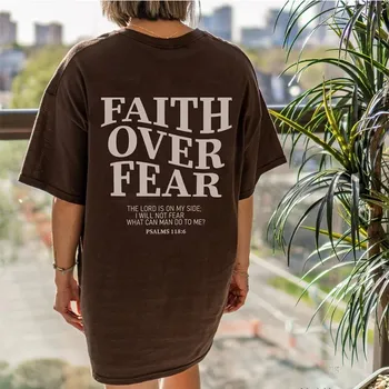 Христианская футболка большого размера Faith Over Fear «Господь на моей стороне», свободная футболка, женская модная повседневная хлопковая эстетичная футболка S зелёный