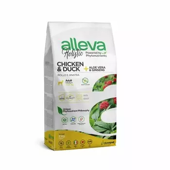 Alleva Holistic Adult Chicken & Duck Medium сухой корм для взрослых собак с курицей и уткой, алое вера и женьшенем - 2 кг повседневный супер премиум беззерновые для взрослых с курицей породы среднего размера мешок Италия 1 уп. х 1 шт. х 2 кг