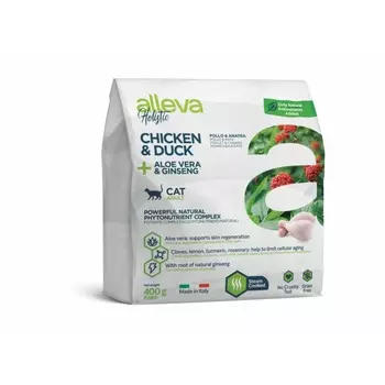 Alleva Holistic Cat Adult Chicken & Duck сухой корм для взрослых кошек с КУРИЦЕЙ и УТКОЙ, алое вера и женьшенем - 400 г повседневный супер премиум беззерновые для взрослых с курицей для всех пород мешок Импортный корм 1 уп. х 1 шт. х 0.4 кг