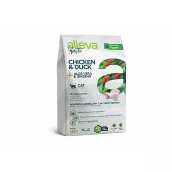 Alleva Holistic Cat Adult Chicken & Duck сухой корм для взрослых кошек с КУРИЦЕЙ и УТКОЙ, алое вера и женьшенем - 1,5 кг повседневный супер премиум беззерновые для взрослых с курицей для всех пород мешок Импортный корм 1 уп. х 1 шт. х 1.5 кг