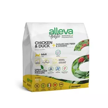 Alleva Holistic Cat Neutered сухой корм для кастрированных котов и стерилизованных кошек с КУРИЦЕЙ и УТКОЙ, волокнами сахарного тростника и женьшенем - 400 г повседневный супер премиум беззерновые для взрослых с курицей для всех пород мешок Импортный корм 1 уп. х 1 шт. х 0.4 кг