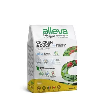 Alleva Holistic Puppy/Junior Chicken & Duck Mini сухой корм для щенков и юниоров с КУРИЦЕЙ и УТКОЙ, алое вера и женьшенем - 800 г повседневный супер премиум беззерновые для щенков с курицей породы мелкого размера мешок Импортный корм 1 уп. х 1 шт. х 0.8 кг