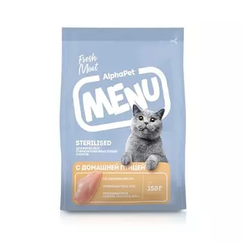 AlphaPet Menu сухой корм для стерилизованных кошек, с домашней ПТИЦЕЙ - 350 г повседневный супер премиум для взрослых с птицей для всех пород мешок Российский корм 1 уп. х 1 шт. х 0.35 кг