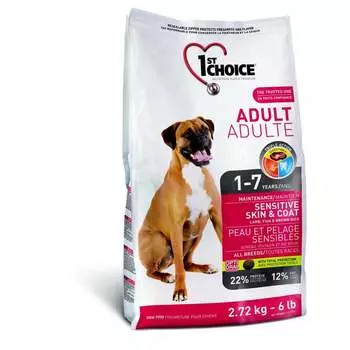 1st Choice Adult Sensitive Skin & Coat cухой корм для взрослых собак для кожи и шерсти, с ЯГНЕНКОМ, РЫБОЙ и рисом - 15 кг повседневный супер премиум для взрослых с рыбой для всех пород мешок Импортный корм 1 уп. х 1 шт. х 15 кг