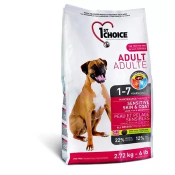 1st Choice Adult Sensitive Skin & Coat cухой корм для взрослых собак для кожи и шерсти с ЯГНЕНКОМ, РЫБОЙ и рисом - 2,72 кг повседневный супер премиум для взрослых с рыбой для всех пород мешок Импортный корм 1 уп. х 1 шт. х 2.72 кг