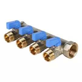 коллектор 4 выхода STOUT 3/4"х1/2" НР с отсекающими кранами синие ручки латунь