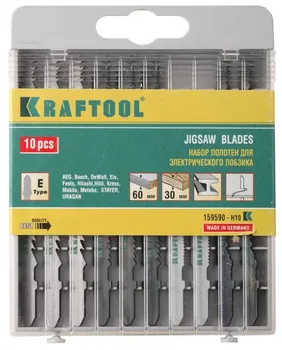 Набор пилок для лобзика Kraftool 159590-H10, быстрый рез, грубый, фигурный, чистый, дерево, ДСП, ламинат, металл, фанера, 10 шт. (159590-H10)