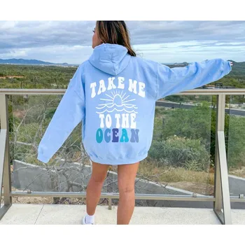 Толстовка с капюшоном Take Me To The Ocean, симпатичная пляжная толстовка с капюшоном из хлопка, гавайская толстовка в уличном стиле, унисекс, женская толстовка с капюшоном Pure Quote Top S белый