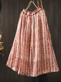 Johnature Women Vintage Print Floral Skirts Elastic Waist High Quality Cloths Summer Soft Female Skirts S
