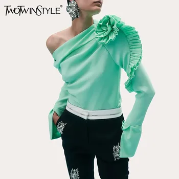 Женская Асимметричная блузка TWOTWINSTYLE, белая однотонная блузка составного кроя с длинными рукавами и диагональным воротником на лето 2019