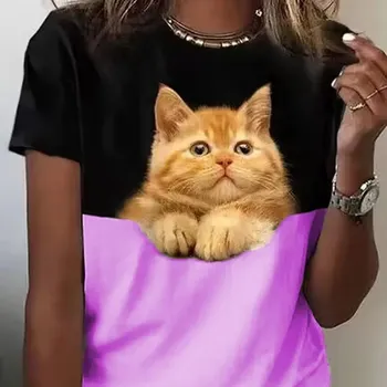Летняя женская футболка с 3d карманом и принтом кота, женская модная футболка с коротким рукавом и графическим рисунком, милые топы, футболки, забавная одежда 5XL