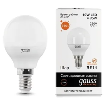 Лампа светодиодная E14 шар/G45, 10 Вт, 2700 K-2700 K / теплый свет, 880лм, 10 шт., Gauss Elementary (53110_10)