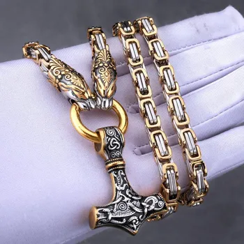 Мужская подвеска Nordic Rune Hammer с головой волка, ожерелье из нержавеющей стали 60cm Chain