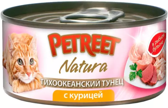 Petreet Natura для взрослых кошек с тихоокеанским тунцом и курицей в рыбном супе банка (70 гр х 12 шт)