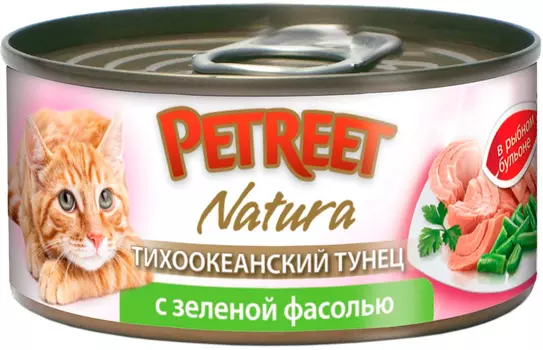 Petreet Natura для взрослых кошек с тихоокеанским тунцом и зеленой фасолью в рыбном супе банка (70 гр х 12 шт)