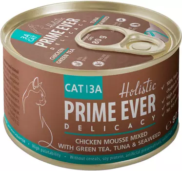 Prime Ever Delicacy Chicken Mousse Mixed With Green Tea, Tuna &amp; Seaweed холистик для кошек и котят мусс с цыпленком, зеленым чаем, тунцом и водорослями (80 гр х 24 шт)