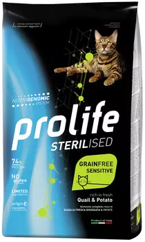 Prolife Grain Free Sensitive Sterilised Quail &amp; Potato беззерновой для привередливых взрослых кастрированных котов и стерилизованных кошек с чувствительным пищеварением с перепелкой и картофелем (1,5 кг)