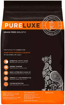 Pureluxe элитное питание беззерновой для длинношерстных взрослых кошек с курицей и лососем (0,4 кг)