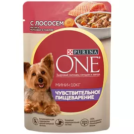 Purina One мини чувствительное пищеварение для взрослых собак маленьких пород с лососем, рисом и морковью в подливе (85 гр х 26 шт)