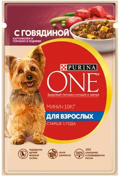 Purina One мини взрослая для взрослых собак маленьких пород с говядиной, картофелем и горохом в подливе (100 гр)