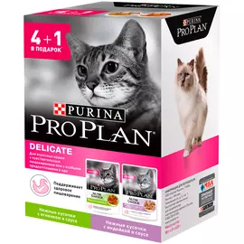 Purina Pro Plan Cat Adult Delicate набор паучей для взрослых кошек при аллергии с индейкой и ягненком в соусе (4 + 1 шт)