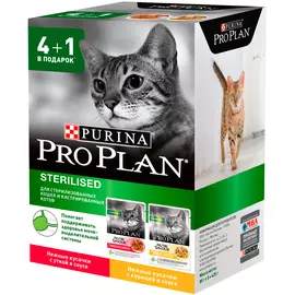 Purina Pro Plan Cat Adult Sterilised набор паучей для взрослых кастрированных котов и стерилизованных кошек с курицей и уткой (4 + 1 шт)