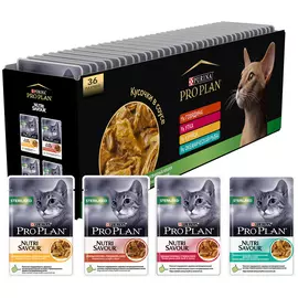 Purina Pro Plan Cat Sterilised набор паучей для взрослых и кастрированных котов и стерилизованных кошек c говядиной, курицей, уткой и рыбой в соусе (85 гр х 36 шт)
