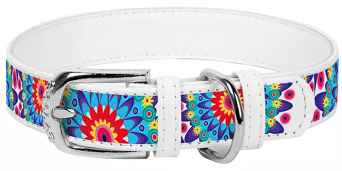 Ошейник кожаный для собак Цветы белый 25 мм 38 – 49 см Collar WauDog (1 шт)