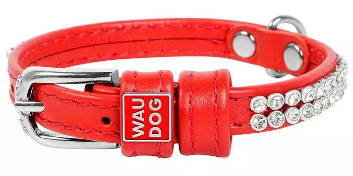 Ошейник кожаный для собак полотно стразы красный 9 мм 19 – 25 см Collar Waudog Glamour (1 шт)