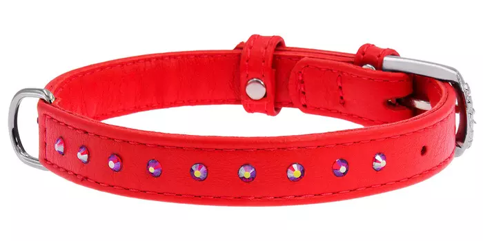 Ошейник кожаный для собак с клеевыми стразами красный 12 мм 21 - 29 см Collar WauDog Glamour (1 шт)