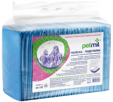 Пеленки впитывающие для животных Petmil 60 х 120 см 25 шт (1 шт)