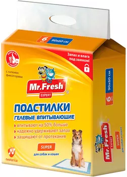 Пеленки впитывающие гелевые для животных с липким фиксатором Mr. Fresh Expert Super 90 х 60 см (6 шт)