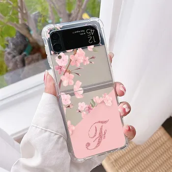 Роскошный чехол для Samsung Galaxy Z Flip 3 4 5G Funda Z Flip3 Clear PC Hard Phone Coque Flower Letter Pink ABC Fashion Initial Samsung Z Flip 3 5G