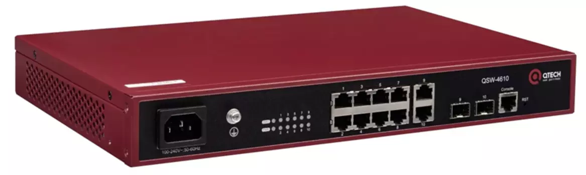 Управляемый коммутатор уровня L2+, 8 портов 10/100/1000BASE-T, 2 порта 100/1000BASE-X SFP, 4K VLAN, 8K MAC адресов, консольный порт, встроенный БП разъем питания на передней панели, 100-240В AC, разме (QSW-4610-10T-AC)