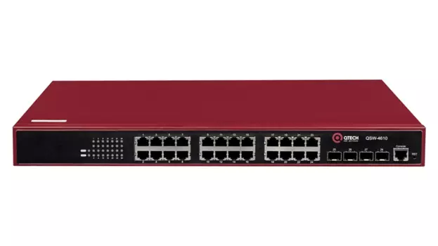 Управляемый коммутатор уровня L2+ с поддержкой PoE 802.3af/at, 24 порта 10/100/1000BASE-T PoE, 4 порта 100/1000BASE-X SFP, 4K VLAN, 16K MAC адресов, консольный порт, встроенный БП разъем питания на за (QSW-4610-28T-POE-AC)