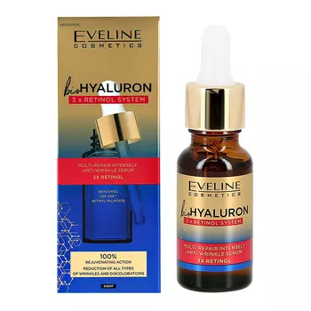 Сыворотка для лица EVELINE BIOHYALURON 3XRETINOL SYSTEM с гиалуроновой кислотой и ретинолом ночная 18 мл