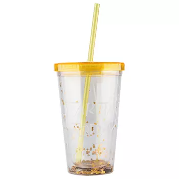 Стакан для воды FUN с трубочкой и блестками yellow 450 мл
